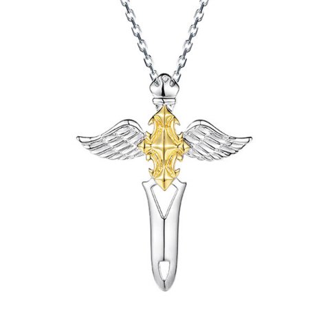 (image for) Twotone Cross and Angel Wing Necklace in Sterling Silver