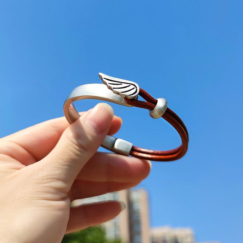 Leather & Tin Angel Wing Bangle Bracelet (image for) Leather & Tin Angel Wing Bangle Bracelet
