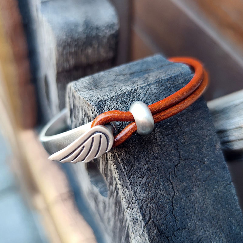 Leather & Tin Angel Wing Bangle Bracelet (image for) Leather & Tin Angel Wing Bangle Bracelet