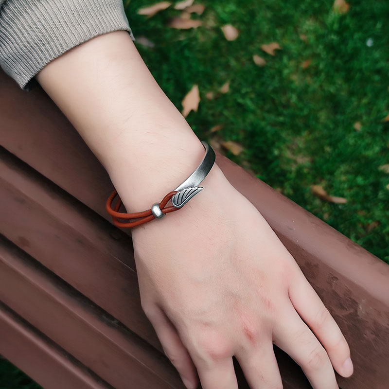 Leather & Tin Angel Wing Bangle Bracelet (image for) Leather & Tin Angel Wing Bangle Bracelet