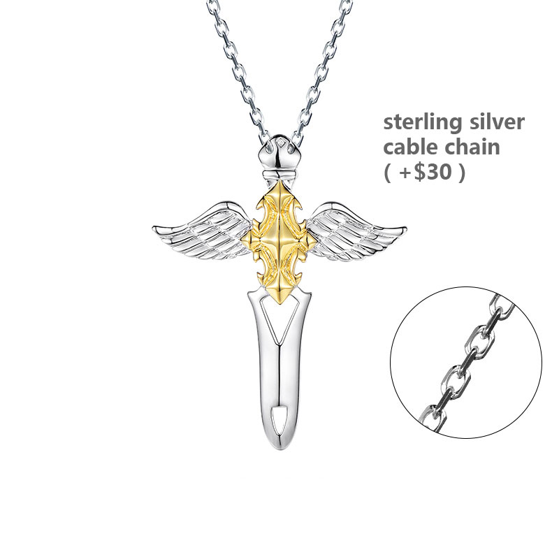 Twotone Cross and Angel Wing Necklace in Sterling Silver (image for) Twotone Cross and Angel Wing Necklace in Sterling Silver