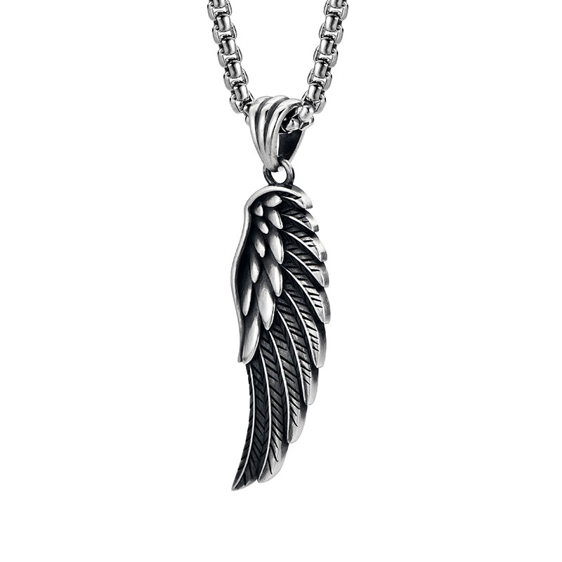 Mens Angel Wing Necklace in Antiqued Sterling Silver (image for) Mens Angel Wing Necklace in Antiqued Sterling Silver