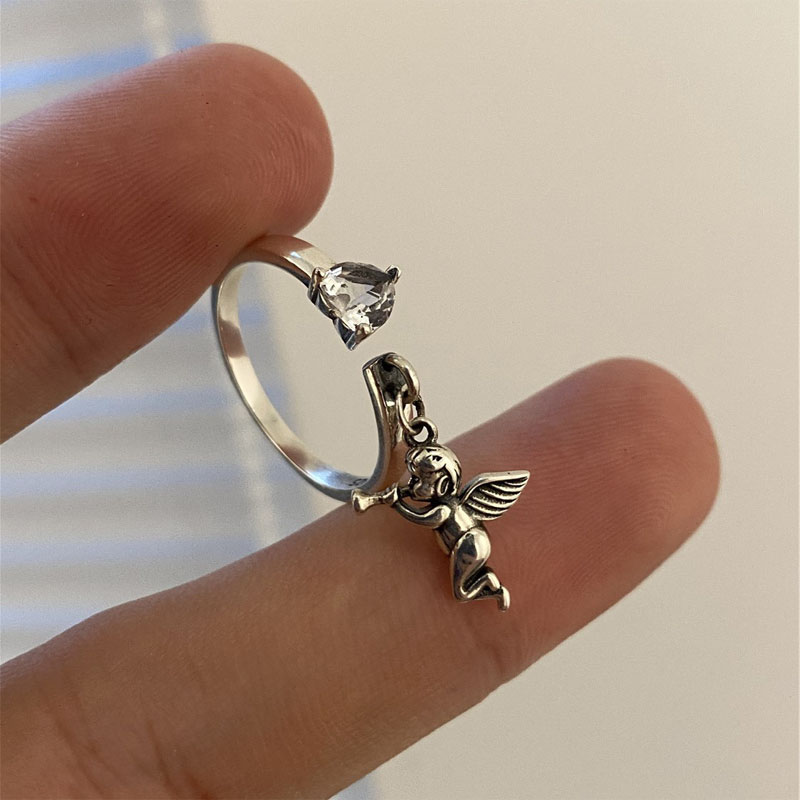 Heart Diamond Ring with Silver Angel Charm (image for) Heart Diamond Ring with Silver Angel Charm